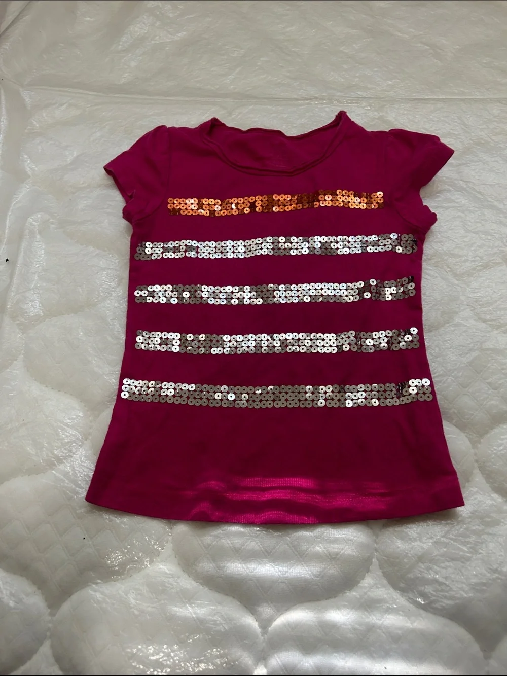 Girls' Sequin Stripe Short Sleeve Tee - Fuchsia